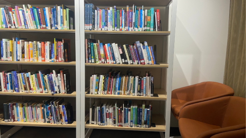 A white wall with two metal bookshelves full of library books. To the right of the shelves are two rust-orange colored barrel chairs. 