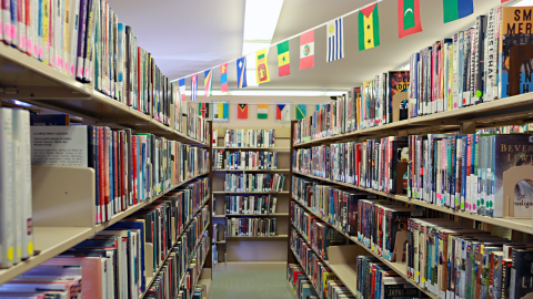 Library bookshelves with a flag banner hanging from the ceiling. 