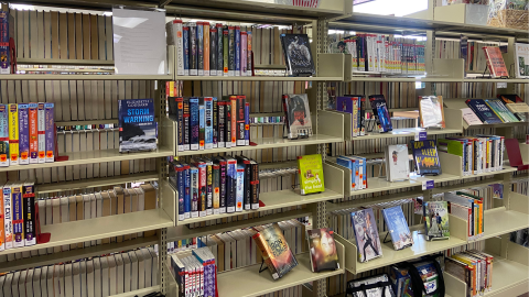 library bookshelves displaying fiction books available to patrons