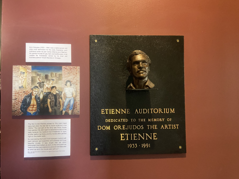 A bronze plaque and photograph dedicated to the memory of Dom Orejudos the artist, Etienne, 1933-1991. 