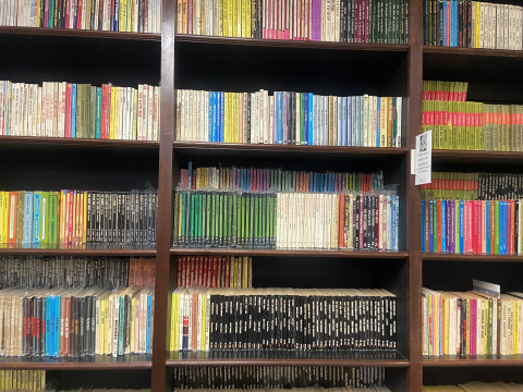 Upright wooden library bookshelves filled with books. 