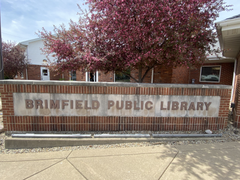 Brick and concrete sign for the Brimfield Public Library.