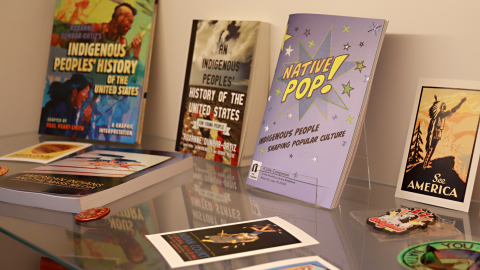 A display case filled with postcards, stickers, books, and buttons. A zine in the center titled Native Pop! 
