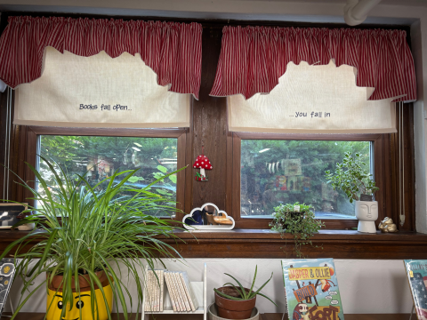 Two library windows with red and white striped valances have cream-colored roller shades pulled halfway down. On the shade on the left, black text reads, "Books fall open..." On the shade on the right, black text reads, "...you fall in." Various potted plants sit on the window sill and a ledge below the window. 