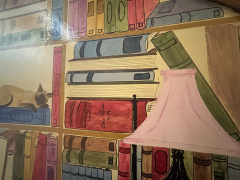 A colorful mural of bookshelves features books stacked and lined up on the shelves. A Siamese cat is sleeping on a blue book turned on its side. 