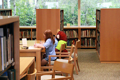 Two children sit at a table and color in the Chicago Botanic Garden library. 