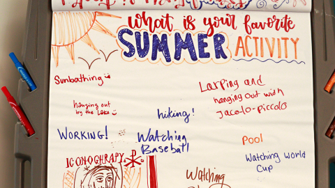 A large poster with the header “what is your favorite summer activity?” Student doodles and responses below, including sunbathing, working, watching baseball, pool, and hiking. 