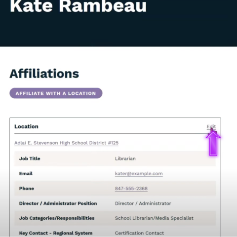 Image of L2 account with name and affiliations for L2 account holder, purple arrow pointing to Edit for editing affiliation. 