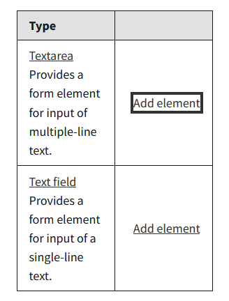 For each type of question, the interface provides a link to Add element.