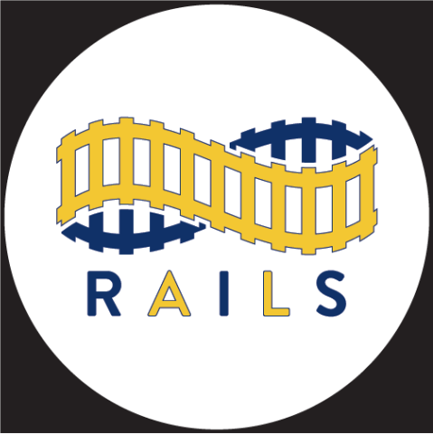 RAILS logo circle with white background within black square.