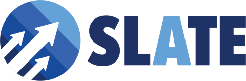 SLATE logo, a circle filled with stripes in several shades of blue and three white arrows pointing from the lower-left edge of the circle towards the upper-right area. To the right of the circle is the acronym SLATE in a sans-serif font.