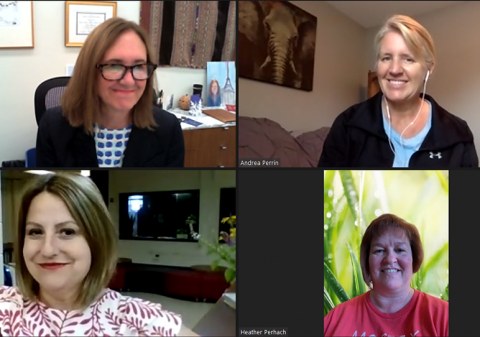 Deirdre Brennan, Andrea Perrin, Emily Porter, and Heather Perhach on Zoom during a podcast recording.