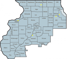 Map of the RAILS service area, which covers northern and west-central Illinois. Dots indicate the locations of our offices.